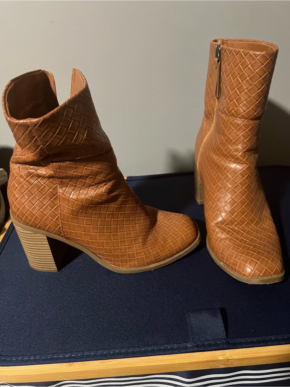 Universal Thread Woven Tan Block Heel Ankle Boots